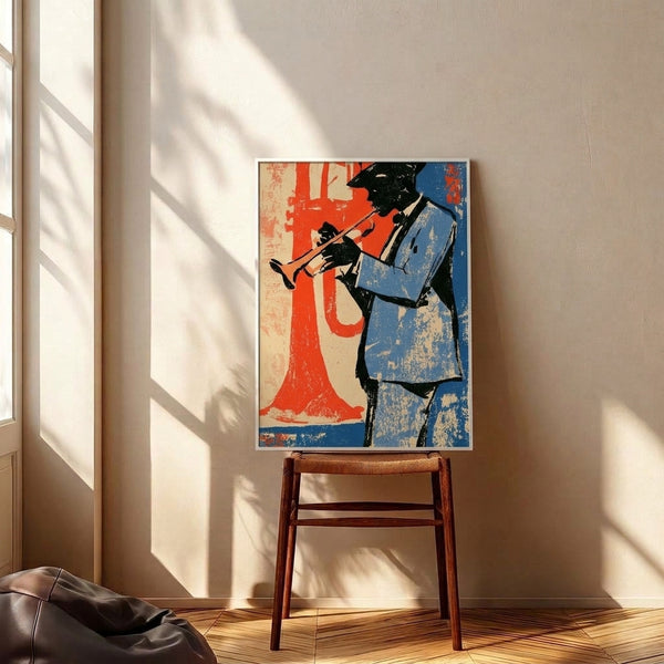 Energetic retro poster art displaying a trumpet player in bold pop art form using a palette of black, cream, cobalt blue, and red-orange tones.