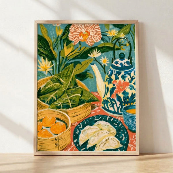 Retro boho still life poster featuring a tea table arrangement with a teal teapot, golden yellow flowers, coral oranges, and steaming dumplings on cream dishware surrounded by forest green plants and leaves, evoking warm domestic comfort.