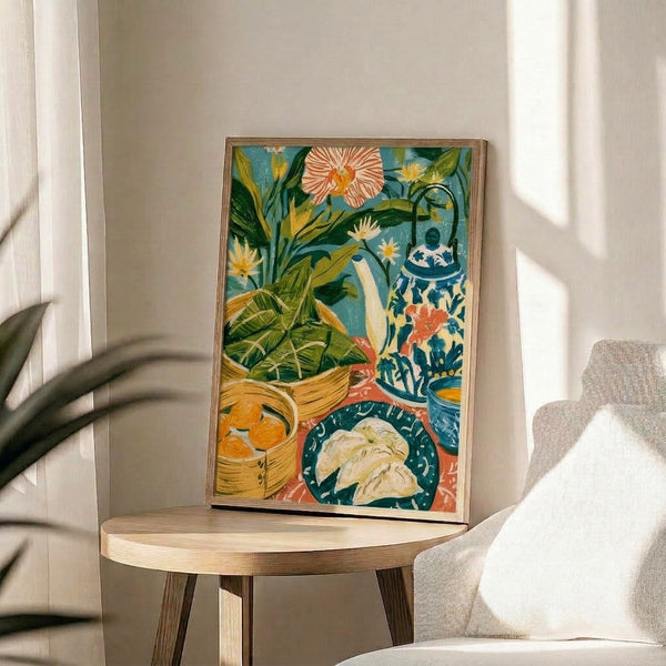 Warm and whimsical boho kitchen wall art in retro style showing a cozy tea time scene with a teal teapot, blooming flowers, potted plants, fresh oranges, and dim sum dumplings in natural earth tones and jewel colors.