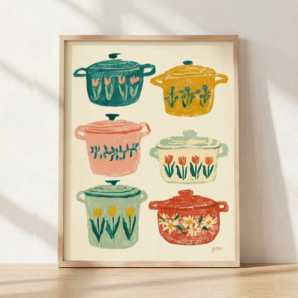 Framed retro kitchen poster featuring painted ceramic pots with colorful tulips and daisies in cream, teal, coral, mustard, and sage green tones, evoking cozy cottage warmth.