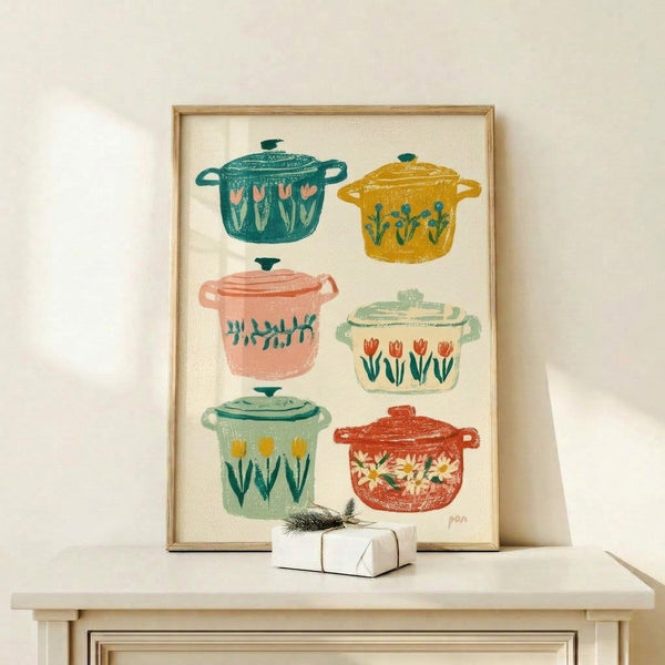 Minimalist Japandi-style art print of vintage kitchen cookware adorned with floral blooms, rendered in warm nostalgic hues of cream, coral, and muted greens on a wall.