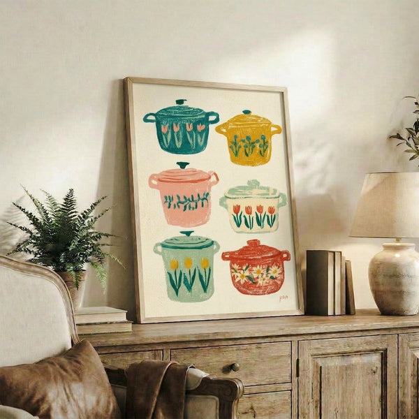 Cozy domestic kitchen wall art showing hand-painted pots filled with cheerful flowers in retro palette of teal, mustard, cream, and sage, framed as a poster.