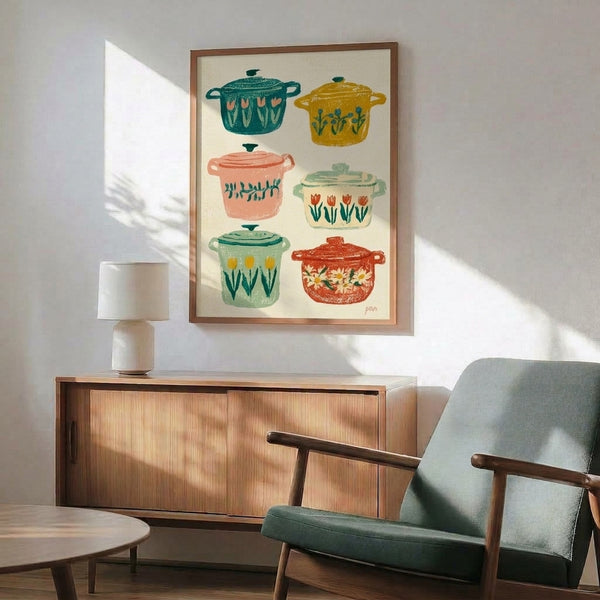 Nostalgic kitchen poster with Japandi minimalist aesthetic: ceramic vessels and blooming flowers in soft cream, coral, sage, and teal creating warm cottage home decor.