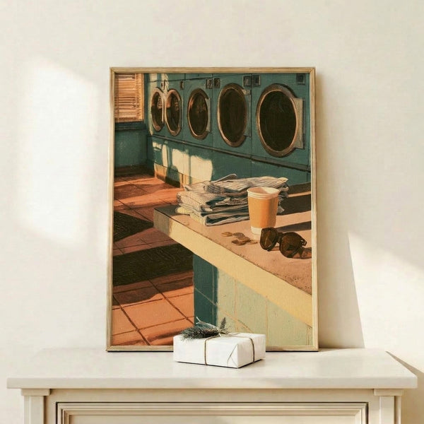 Framed art print showing a peaceful laundromat scene bathed in golden sunlight, featuring retro design elements and earth-tone colors that celebrate the quiet beauty of mundane moments.
