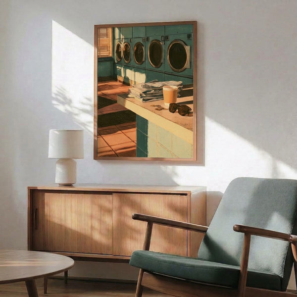 Vintage-inspired poster art of a serene laundromat with geometric tiles and warm lighting in teal and burnt orange hues, capturing nostalgic tranquility in a framed wall display.