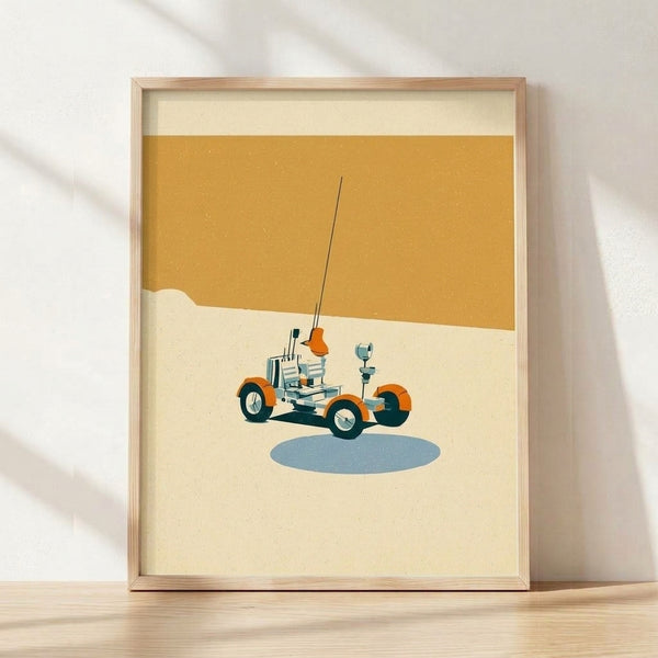 Retro minimalist poster art of a lunar rover on the moon's desert surface with antenna and wheels, rendered in gold, cream, and slate blue tones evoking mid-century space exploration.