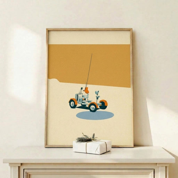 Mid-century modern framed print depicting a lunar rover vehicle on barren moonscape in warm oranges and cool navy blues with nostalgic, optimistic atmosphere.