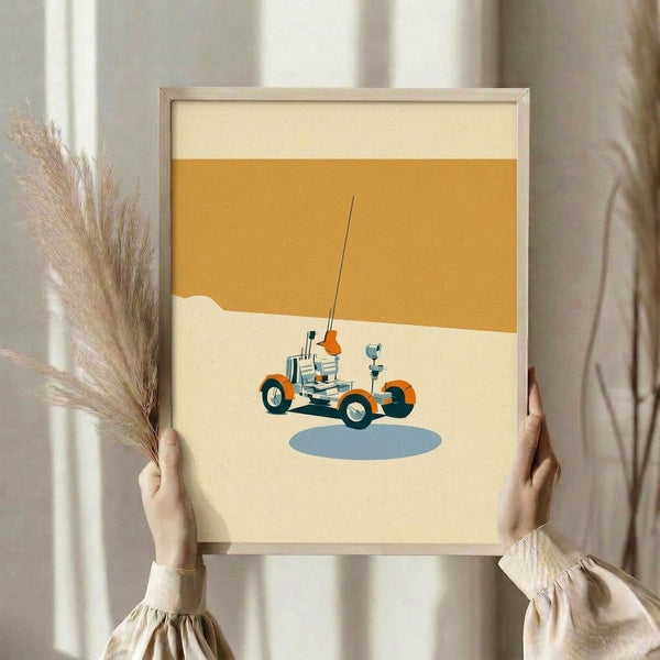Minimalist retro space poster showing a moon rover with extended antenna against a pale blue and cream background, capturing the exploratory spirit of the space age.