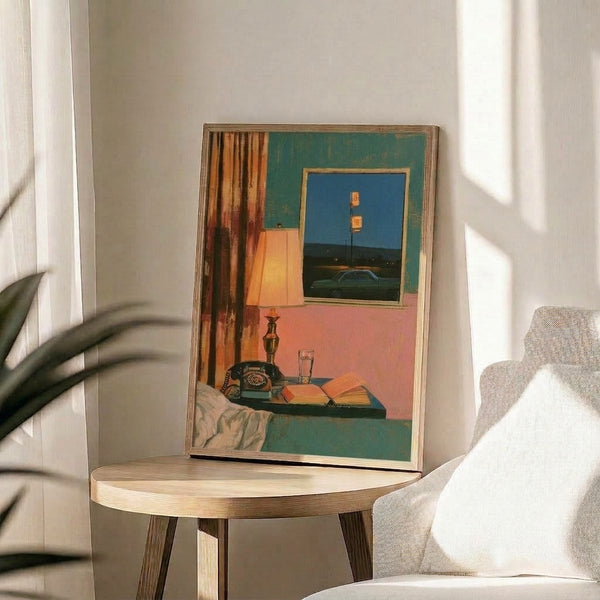 Minimalist midcentury bedroom illustration featuring a vintage car visible through the window, coral pink and deep blue tones, nostalgic evening mood in framed wall art.