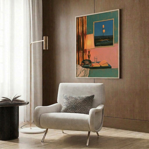 Contemplative nighttime interior with bedside telephone and open book, retro color scheme of teal green and warm orange, framed poster print on wall.