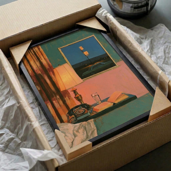 Motel room at midnight with drawn curtains, glowing lamp, and vintage 1970s aesthetic, coral and blue palette, framed minimalist wall art.