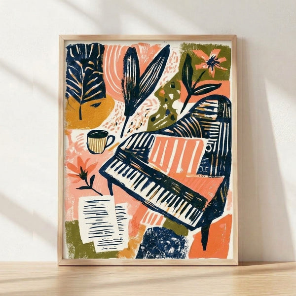 Retro boho art print featuring a navy blue piano keyboard with coral flowers, olive green plants, a cream cup, and golden yellow music sheets in a framed wall display.