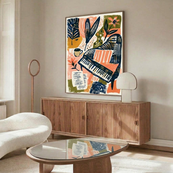 Artistic boho-inspired framed print depicting a creative music scene with navy piano keys, golden music sheets, potted olive plants, coral blossoms, and a cozy cream teacup.