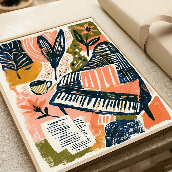 Bohemian wall art combining retro style imagery of a piano, colorful flowers in coral and cream, green foliage, golden musical notes, and navy blue accents in a modern print frame.