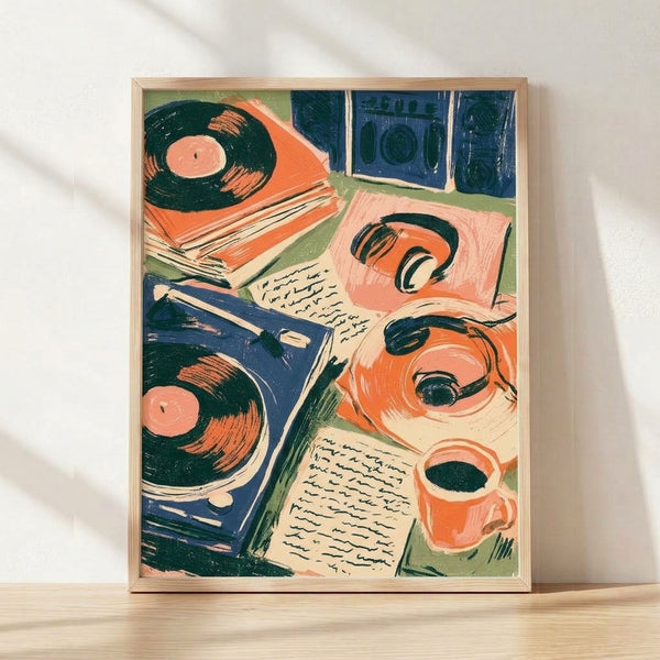 Retro pop art poster featuring a vintage record player, headphones, and steaming coffee mug in warm orange, navy blue, and sage green tones, evoking a nostalgic music and coffee lover aesthetic.