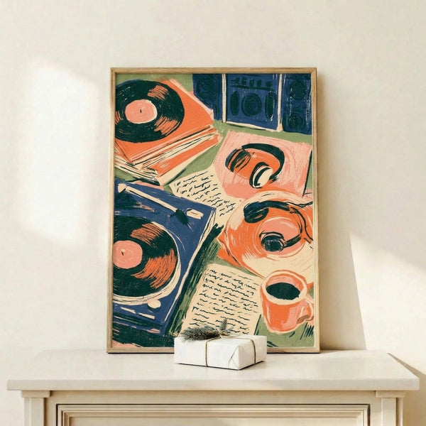 Bohemian-style framed art print with a record player, vinyl records, headphones, and coffee cup surrounded by books and notebooks in a vintage color palette of coral pink, cream, and navy.