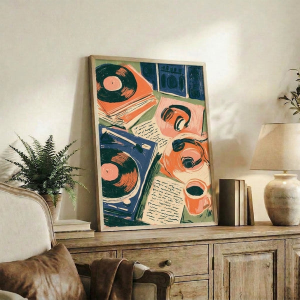 Nostalgic retro poster combining a turntable, speaker, headphones, and hot beverage in vibrant orange and sage green hues, ideal for music enthusiasts and creative spaces.