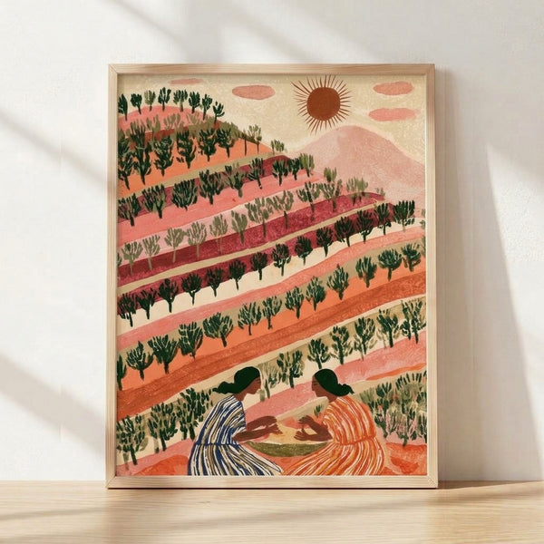 Warm terracotta landscape art print featuring two women in a peaceful mountain valley surrounded by trees and fields under a glowing sun, rendered in retro boho style with coral pink, sage green, and cream tones.