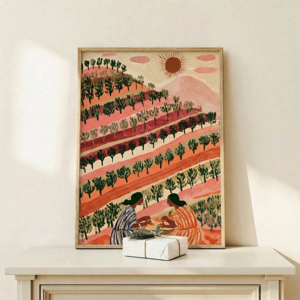 Nostalgic boho wall art depicting a serene mountain scene with two figures amid an orchard, warm terracotta and burnt sienna palette evoking a tranquil, communal atmosphere.