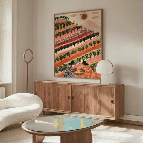 Vintage-inspired landscape print showing two women in a terracotta-toned mountain setting with fruit trees and fields beneath a golden sun, capturing a nostalgic boho mood in warm natural colors.