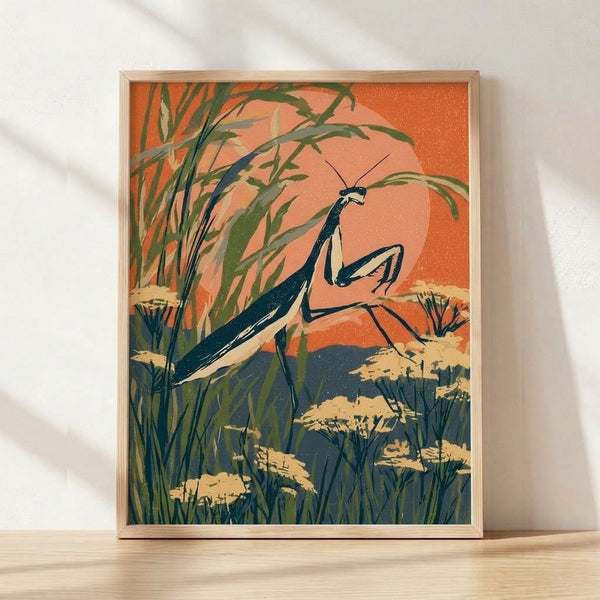 Retro-style framed poster art featuring a praying mantis perched among wildflowers and grasses in warm rust orange, sage green, and navy blue tones against a cream background.