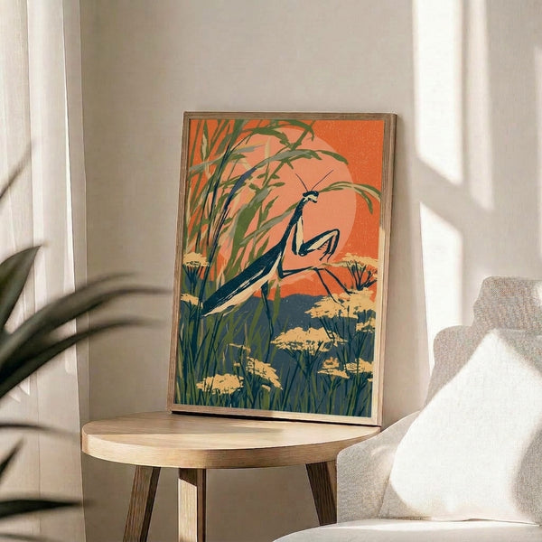 Whimsical nature-inspired wall print with a praying mantis surrounded by meadow plants, rendered in a modern retro aesthetic with earthy rust, sage, and soft tan hues.