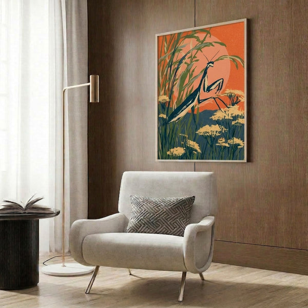 Framed art print depicting a serene praying mantis in a wildflower meadow, blending calm naturalistic details with trendy retro colors including rust orange, navy, and muted sage green.