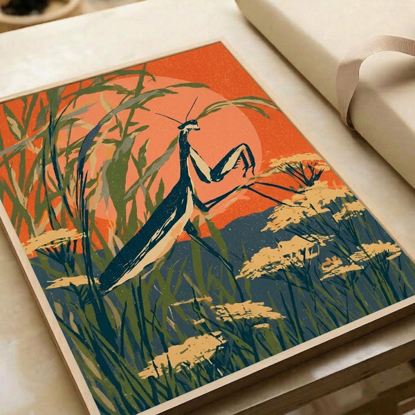 Contemporary retro-style poster showcasing a praying mantis amid flowering grasses and plants, featuring a soothing palette of cream, tan, rust orange, and soft blue-green tones.