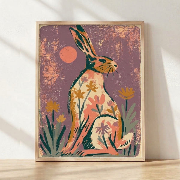 Whimsical boho folk art poster featuring a hare surrounded by wildflowers under a luminous moon, rendered in warm mauve, coral, cream, and gold tones with a nostalgic retro aesthetic.