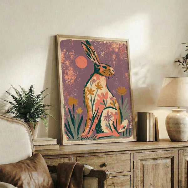 Retro nature-inspired wall art displaying a rabbit amid blooming wildflowers and plants with an ethereal moon, painted in earthy mauve and teal hues with a folk art charm.