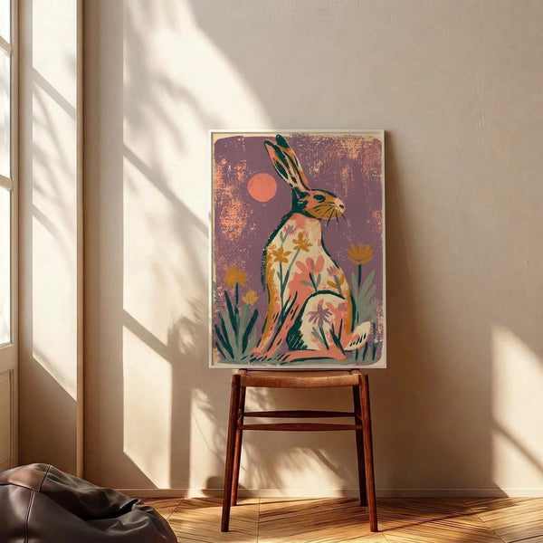 Boho poster art of a moonlit hare nestled in a field of flowers and botanical elements, using a vintage color palette of cream, coral, and gold against soft mauve and teal.