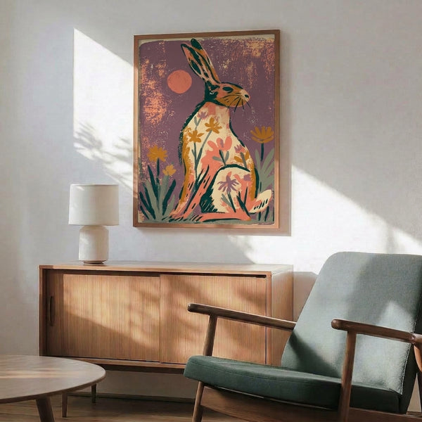 Folk art framed print depicting a whimsical rabbit gazing at the moon surrounded by wildflowers and foliage, executed in warm earthy tones with a nostalgic boho sensibility.