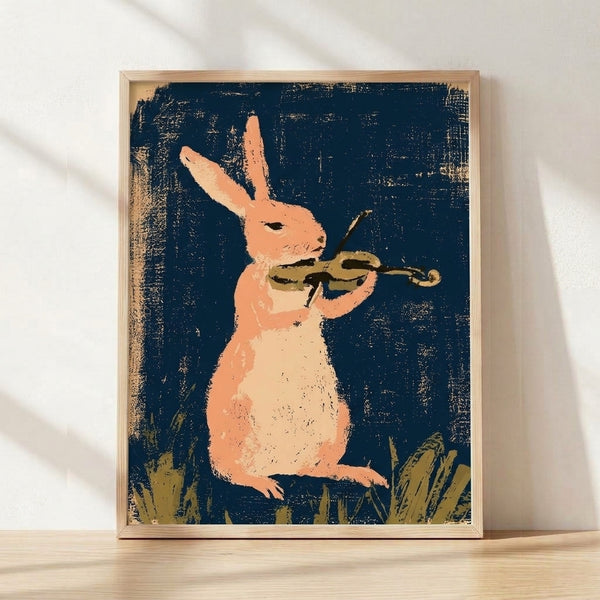 Retro pop art poster of a whimsical rabbit playing violin on grass, rendered in navy blue, coral peach, cream, and ochre gold with playful vintage charm.