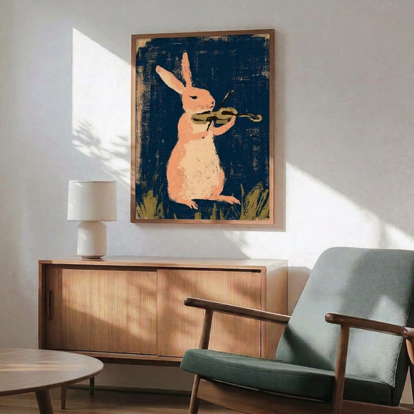 Pop art style wall poster depicting a playful rabbit seated with violin on grass, combining retro aesthetics with navy, peach, cream, and gold color palette.