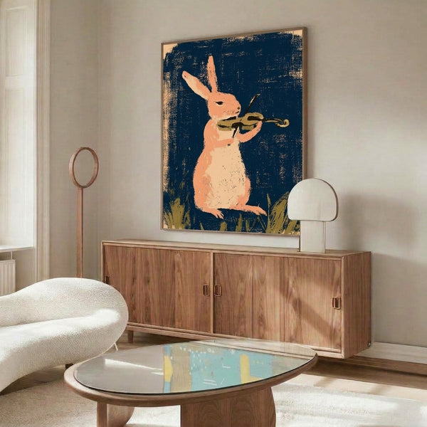 Vintage-inspired art print of a whimsical violin-playing rabbit in retro pop art style, featuring navy blue, coral peach, cream, and ochre accents.