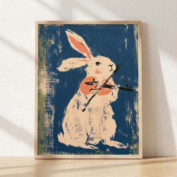 Whimsical folk art poster featuring a rabbit playing violin with an arrow motif, rendered in deep teal, cream, coral, navy, and ochre tones in a retro style.