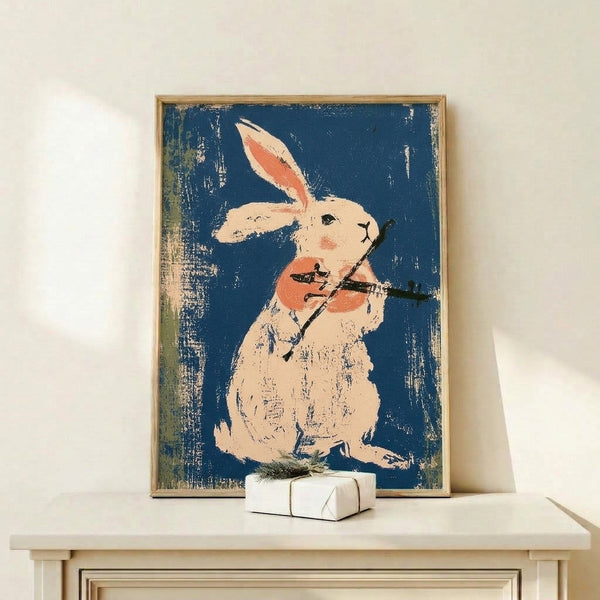 Vintage-inspired quirky print of a rabbit musician with violin and arrow design, showcasing warm and cool earth tones in a charming folk art aesthetic.