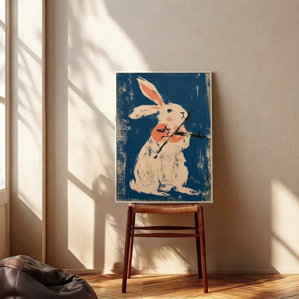 Retro folk art framed poster depicting a playful rabbit with violin and arrow accent, illustrated in a whimsical palette of teal, cream, coral, navy, and ochre.