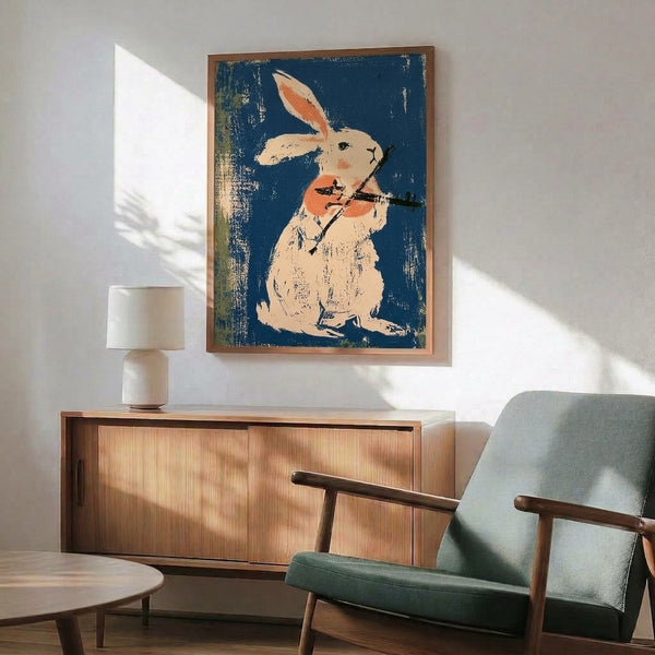 Charming vintage folk art wall print showing a quirky rabbit violinist with arrow detail, featuring deep teal, cream, coral, navy, and ochre in a nostalgic style.