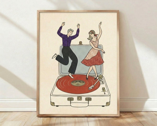 Retro line art poster of a joyful couple dancing beside a vintage record player with vinyl records and a suitcase, rendered in cream, red, purple, and black tones.