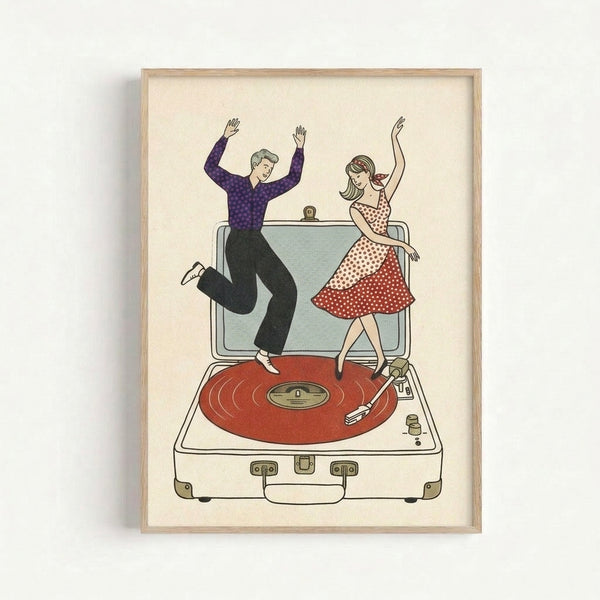 Nostalgic 1950s-style illustration showing a man and woman dancing playfully near a turntable, with records and luggage, framed on a wall in warm cream and red hues.