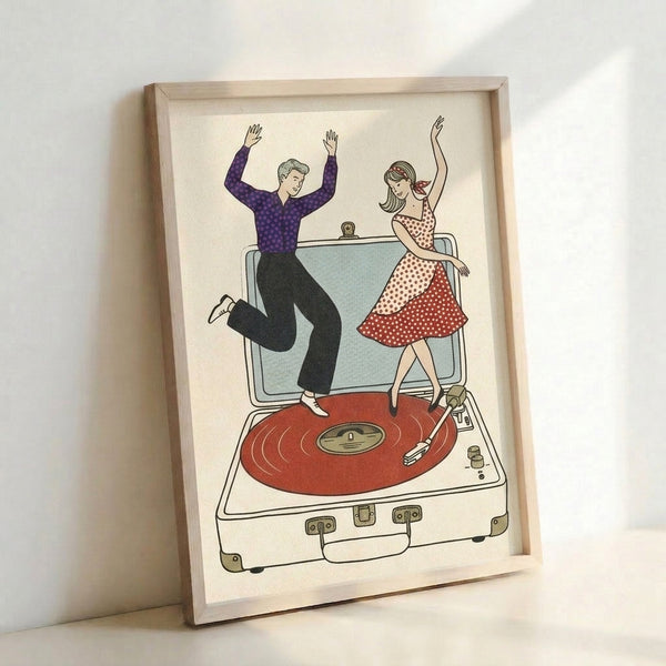 Vintage-inspired line drawing of a cheerful couple mid-dance by a record player surrounded by vinyl records and a suitcase, in a retro color palette of cream, purple, and black.