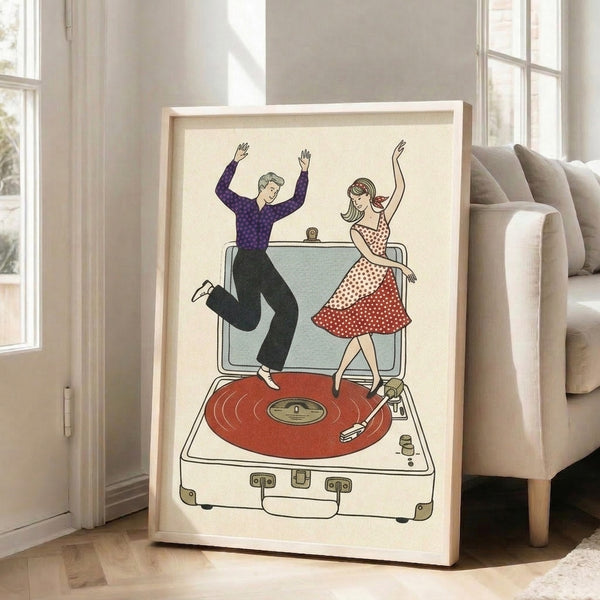 Mid-century modern poster art depicting a playful dancing couple enjoying music from a record player, accented with retro elements in cream, red, tan, and purple.