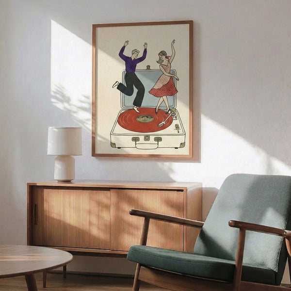 Nostalgic illustration of two dancers celebrating beside a record player in classic 1950s style, rendered in sophisticated cream, purple, black, and red on a framed poster.