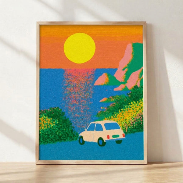Retro pop art poster featuring a vintage car on a coastal road with a vibrant orange and pink sunset, blue water, and green landscape with flowering plants.