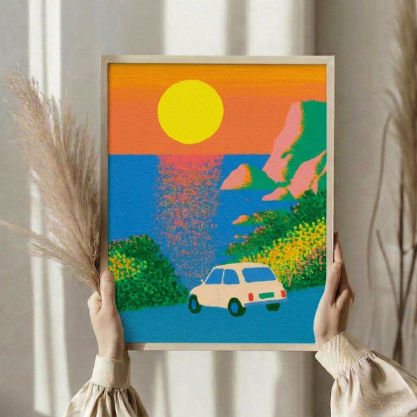Cheerful retro-style wall art depicting a nostalgic road trip scene with a classic car, bright yellow sun, and colorful coastal scenery in pop art style.