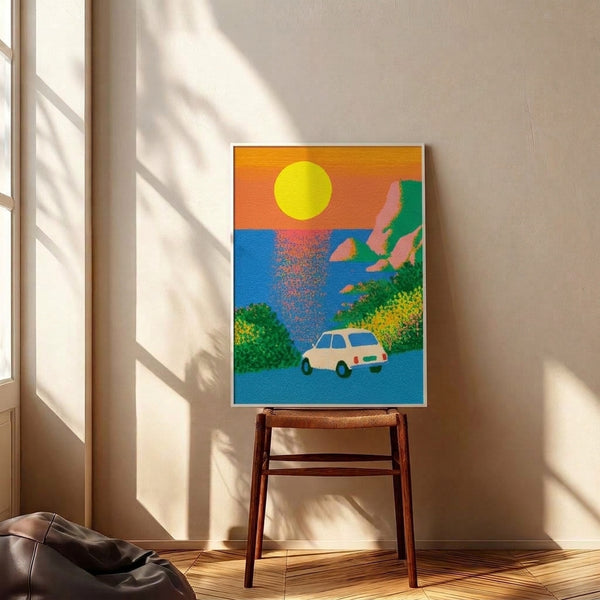 Vibrant vintage poster art showing a car driving toward a glowing orange sunset over blue water, surrounded by green trees and pink flowers in retro pop art design.