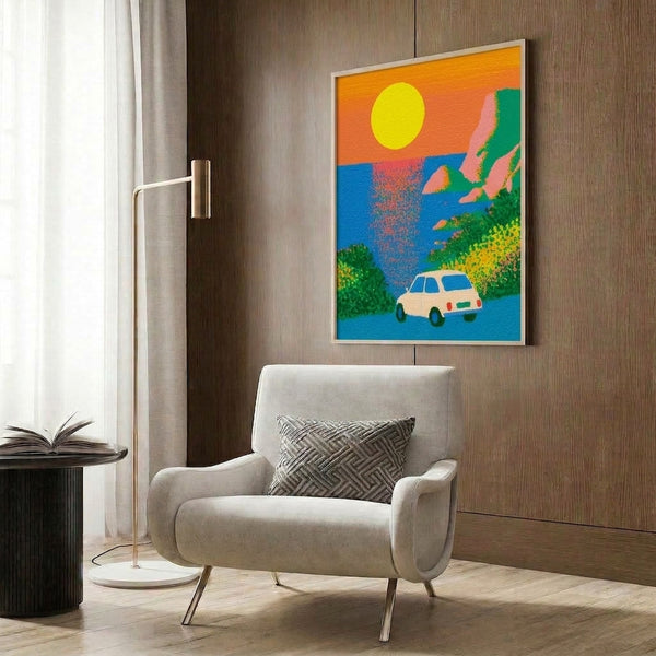 Optimistic retro landscape poster with a travel-themed car scene, featuring bold yellow and orange sunset tones, blue ocean, and lush green vegetation in pop art style.