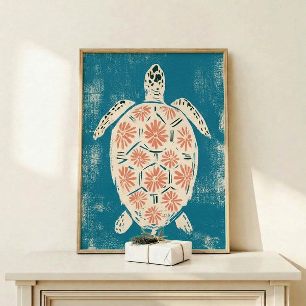 Boho-style line art poster of a turtle with floral elements in a retro linocut aesthetic, rendered in soothing coastal colors of teal and cream.