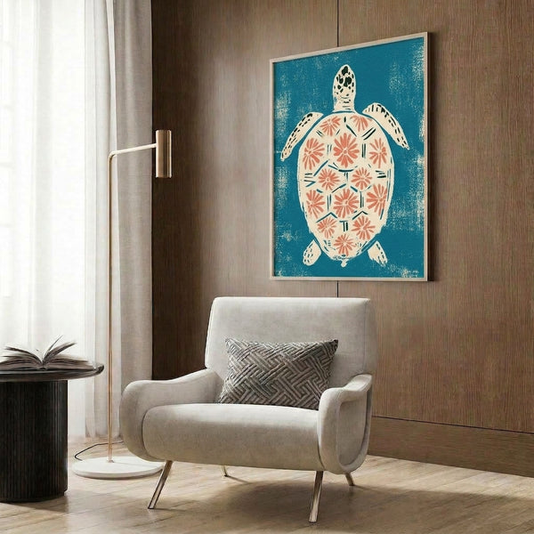 Whimsical turtle and flower linocut artwork in retro boho style, combining teal, cream, and coral tones in a serene coastal composition.
